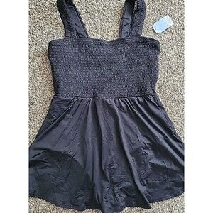 Lands' End 14 Smocked Black Women's Swim Dress One Piece Solid Modest Beach S324